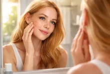 Frau mit Sonnenflecken im Gesicht